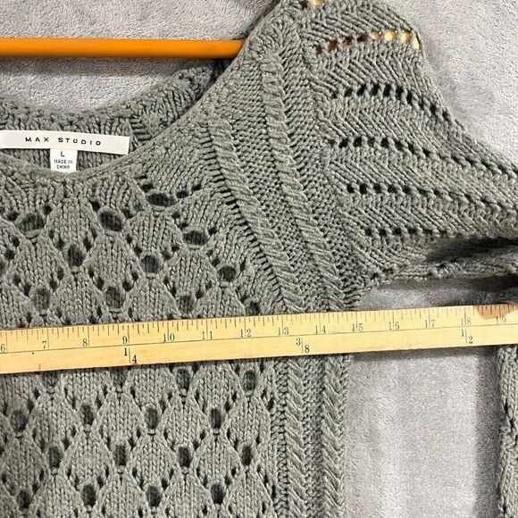 Max Studio Womens Open Knit Sweater Sz Large Grey V-neck Long Sleeve Wool Blend - Picture 7 of 11